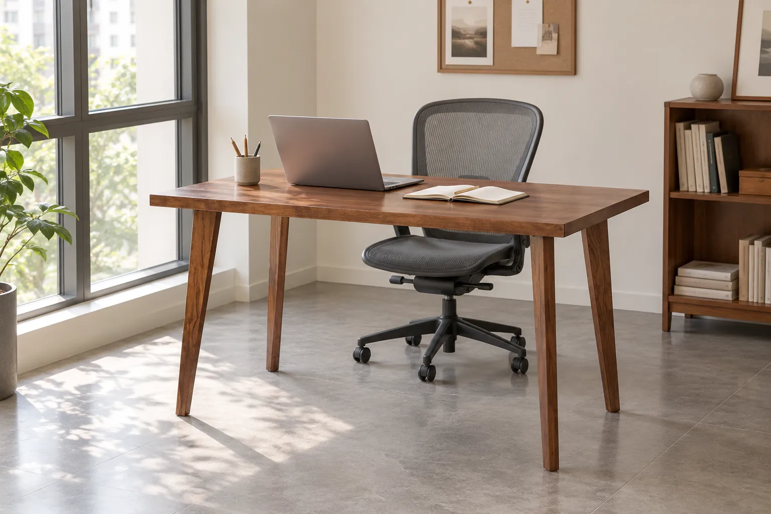 bàn veneer chân gỗ ở góc làm việc