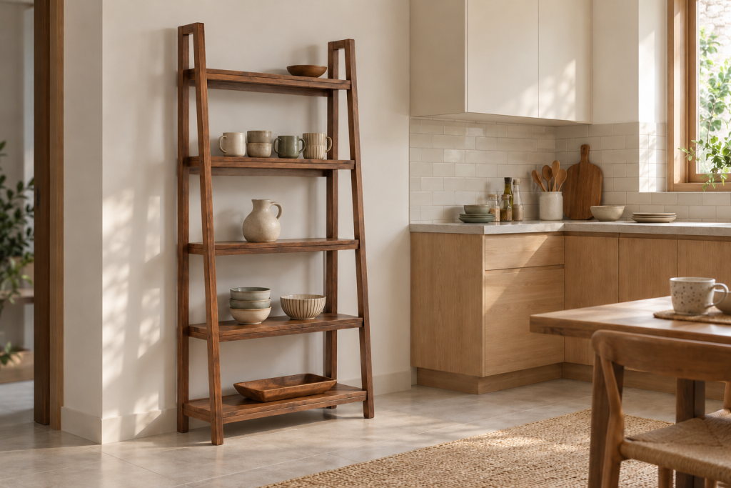 Kệ Harmon 2.0 màu rustic bày cốc và đồ gốm trong khu vực bếp.