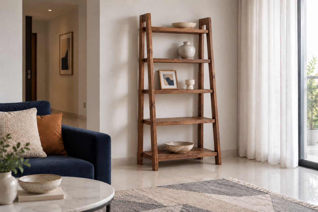 Kệ Harmon 2.0 màu rustic trưng bày gốm và khung ảnh nhỏ trong phòng khách.