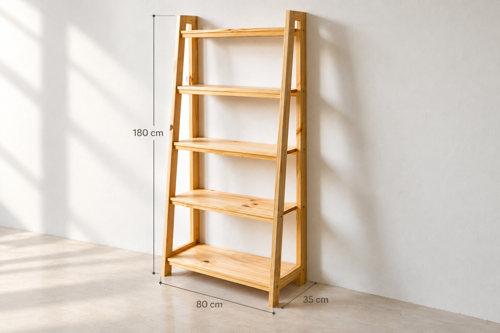 Kệ Harmon 2.0 màu tự nhiên với đường đo ngang 80 cm, sâu 35 cm và cao 180 cm.